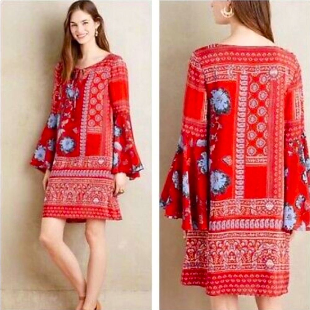 NWT Anthropologie Vanessa Virginia Silk Bell Sleeve Tunic Dress.